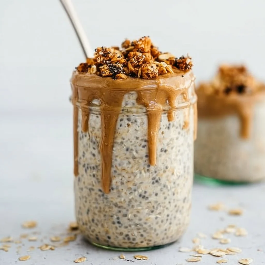High protein almond butter overnight oats in a glass bowl topped with fruits