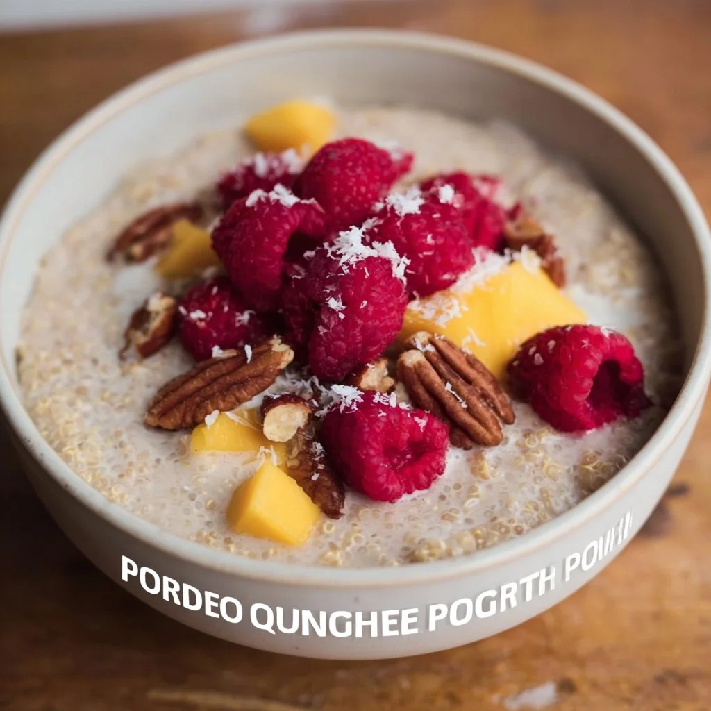 Bowl of creamy quinoa breakfast porridge topped with fruits and nuts