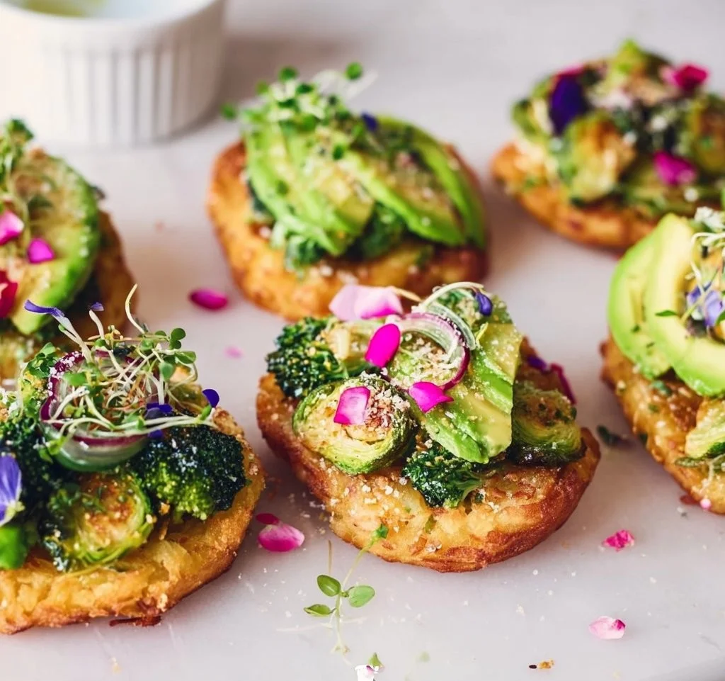 Crispy Hash Brown Avocado Toast topped with fresh avocado and herbs