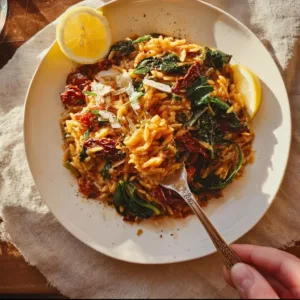 Delicious vegan tuscan orzo dish served in a bowl