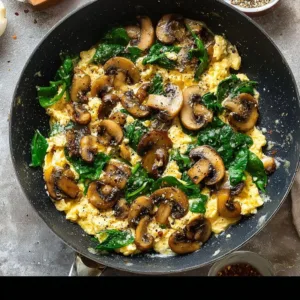 Fluffy veggie scrambled eggs with colorful vegetables in a skillet