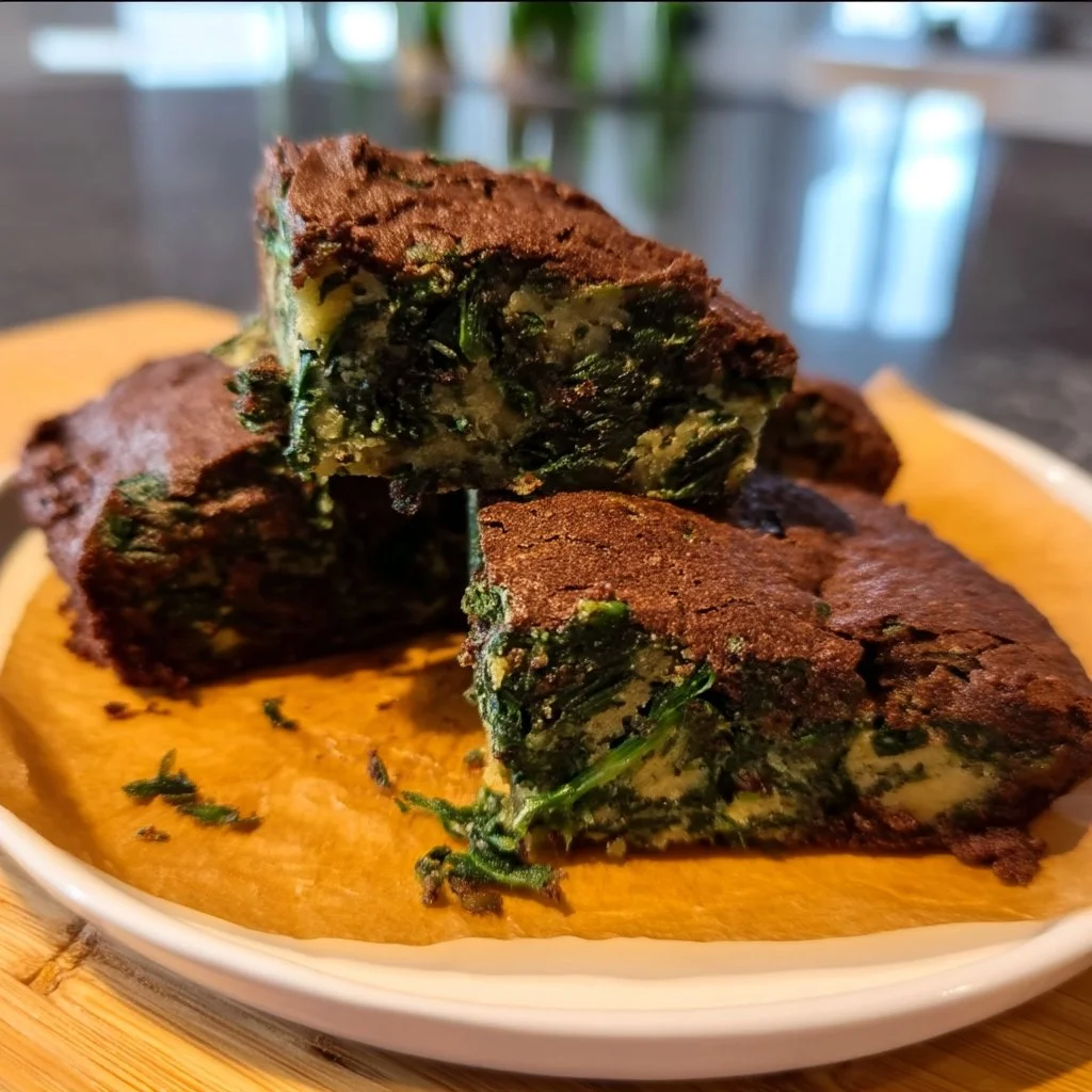 Fudgy spinach brownies on a wooden table, showcasing their rich texture and green hue.