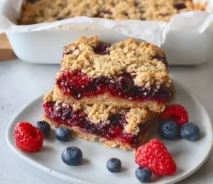 Healthy gluten-free oatmeal bars topped with fruits and nuts
