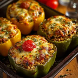 Hearty vegetarian stuffed bell peppers baked in the oven.