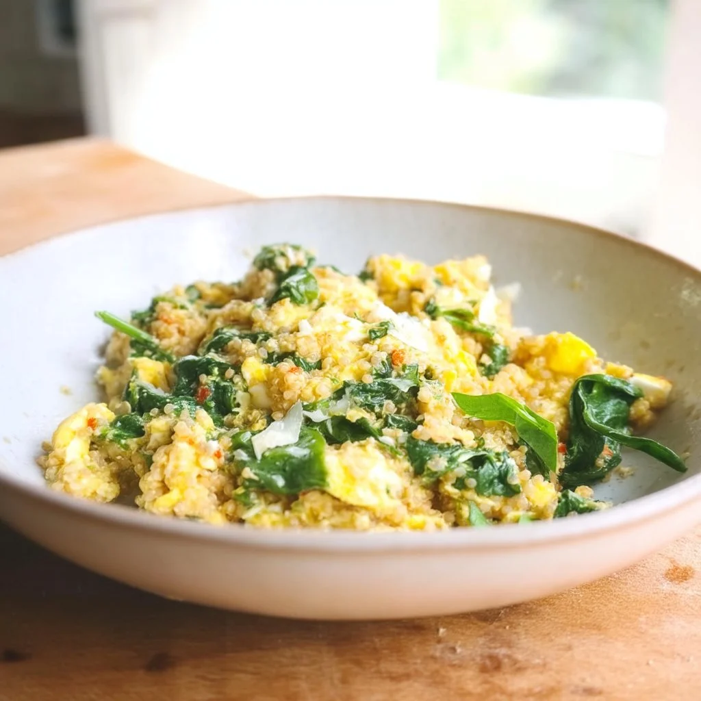 High-protein egg scramble with quinoa served on a plate.