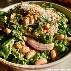 Lemon Tahini White Bean Caesar Salad served in a bowl