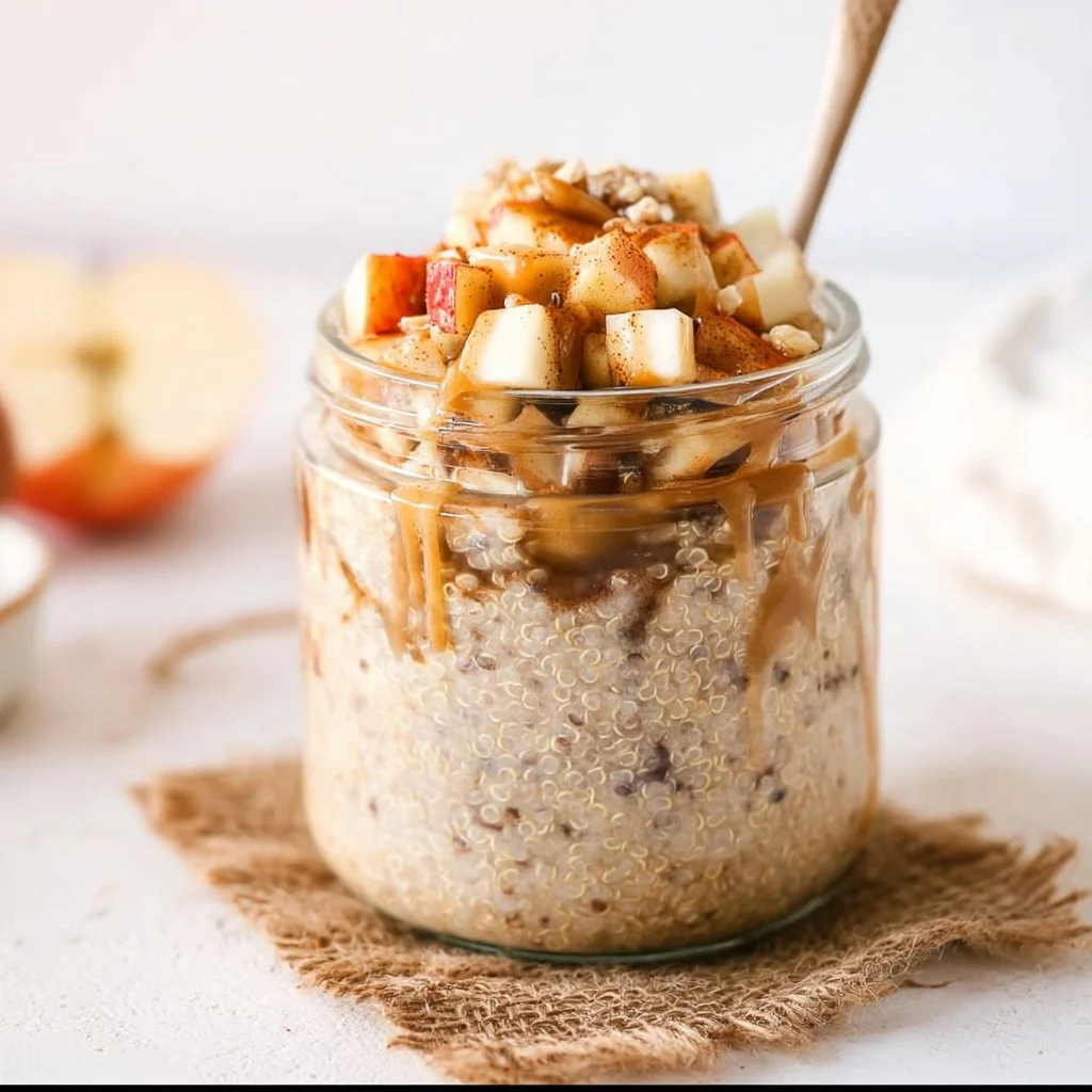 No bake apple pie overnight quinoa in a bowl with toppings