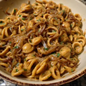 Delicious plate of savory caramelized onion pasta topped with herbs.