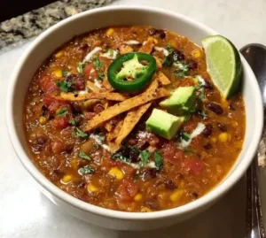Delicious Spiced Lentil Bean Tortilla Soup in a bowl, garnished with cilantro and lime.