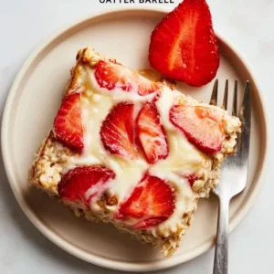 Delicious strawberry cheesecake baked oatmeal served in a bowl