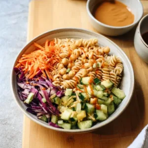 Thai Peanut Pasta Salad with colorful veggies and peanut dressing