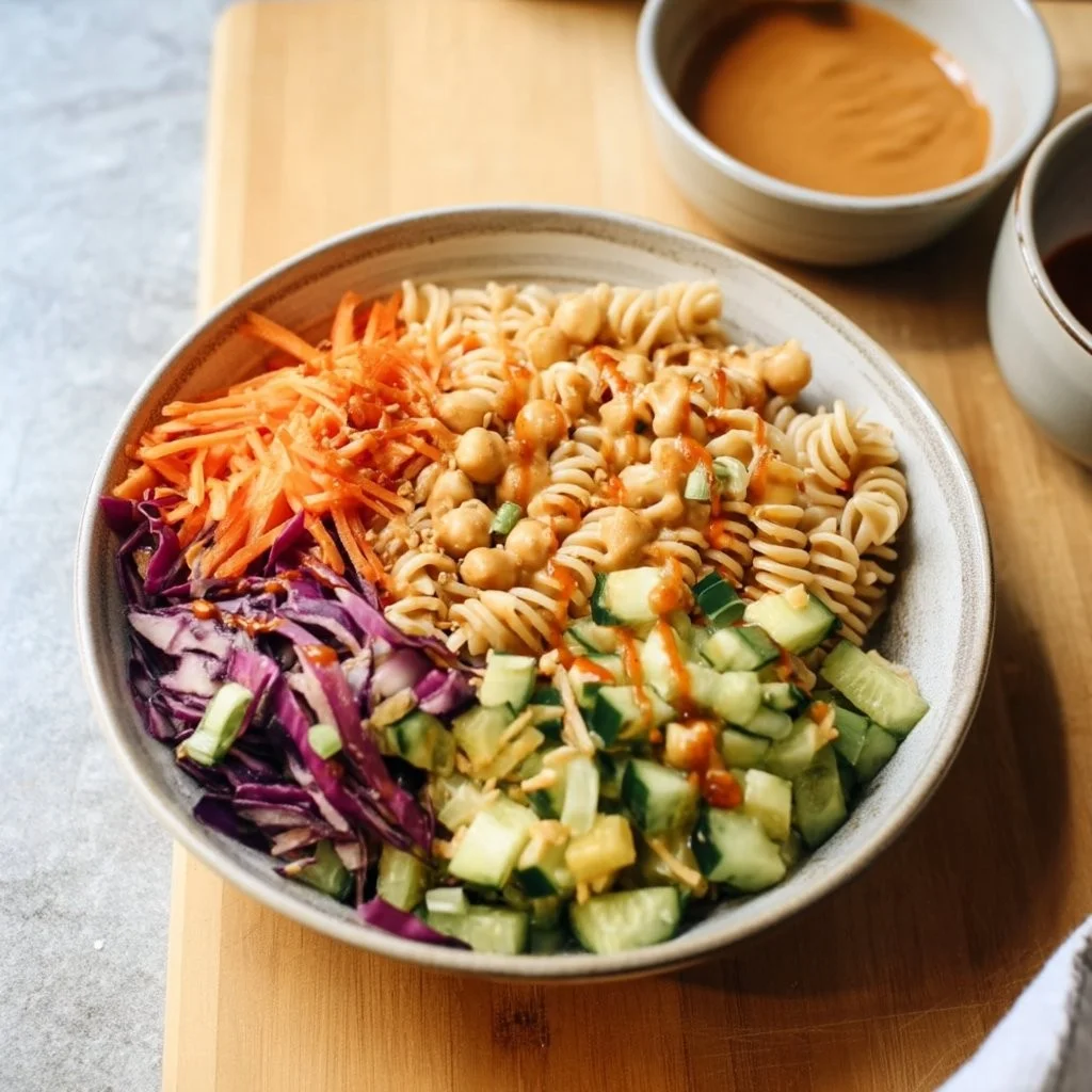 Thai Peanut Pasta Salad with colorful veggies and peanut dressing