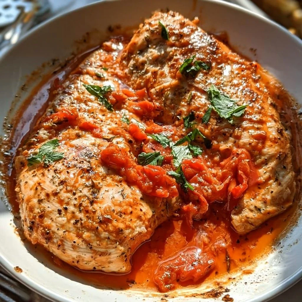 Mediterranean chicken with roasted red peppers arranged on a plate.