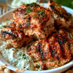 45-Min Mediterranean Grilled Chicken with Dill Sauce plated and garnished