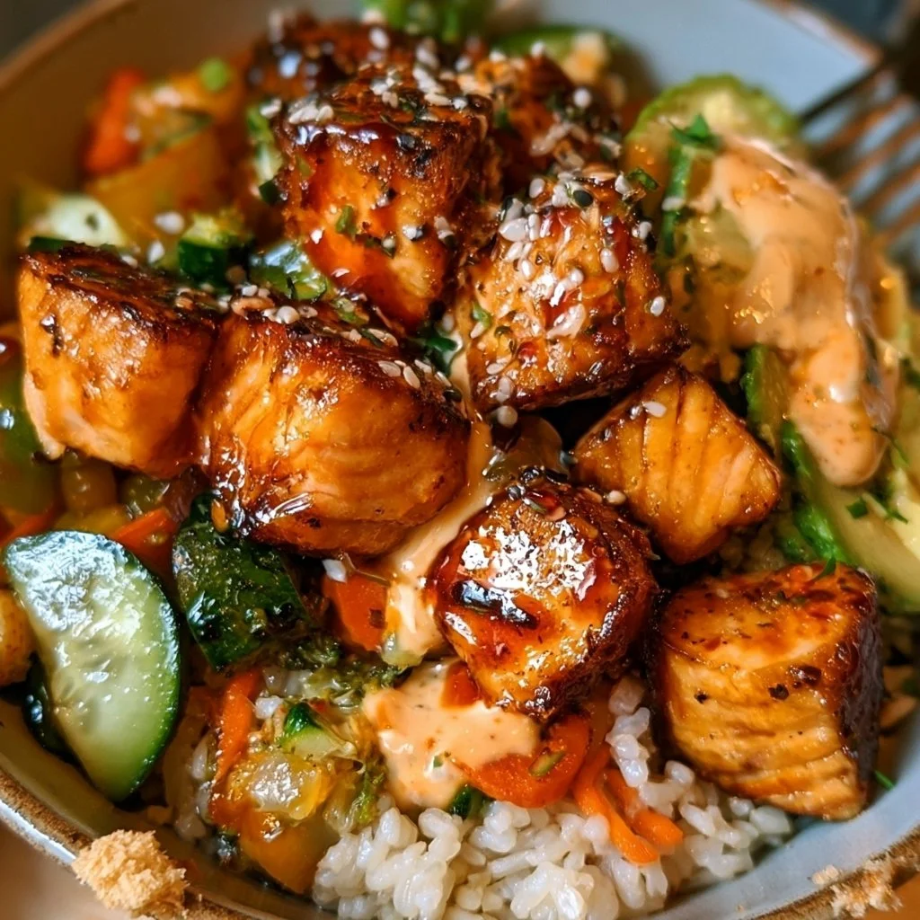 Bang Bang Salmon Bowl with 30g protein, fresh ingredients, and vibrant presentation