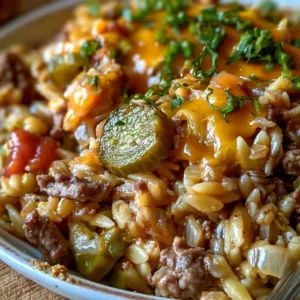 Cheesy cheeseburger orzo dish featuring 32g protein.