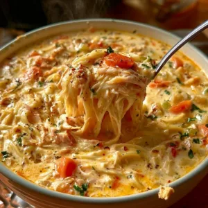 Delicious Crack Chicken Noodle Soup with high protein content and fresh ingredients.