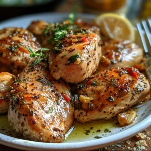 Herb and garlic Mediterranean chicken marinade in a bowl with fresh ingredients