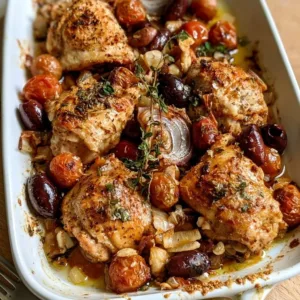 Herby Sheet-Pan Mediterranean Chicken with vegetables on a baking tray.