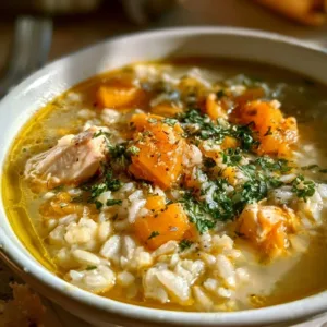 Bowl of Lemon Ginger Turmeric Soup with fresh herbs and spices