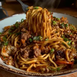 Mongolian beef noodles with 30g protein served in a bowl