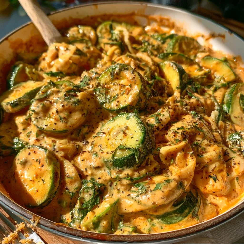 Roasted zucchini coconut cream sauce in a bowl, garnished with fresh herbs